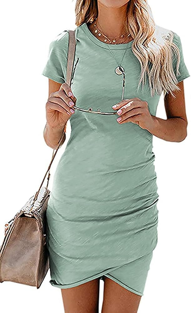 YACUN Women's Summer Casual Beach Dresses Crew Neck Short Sleeve Mini Ruched Bodycon T Shirt Dres... | Amazon (CA)