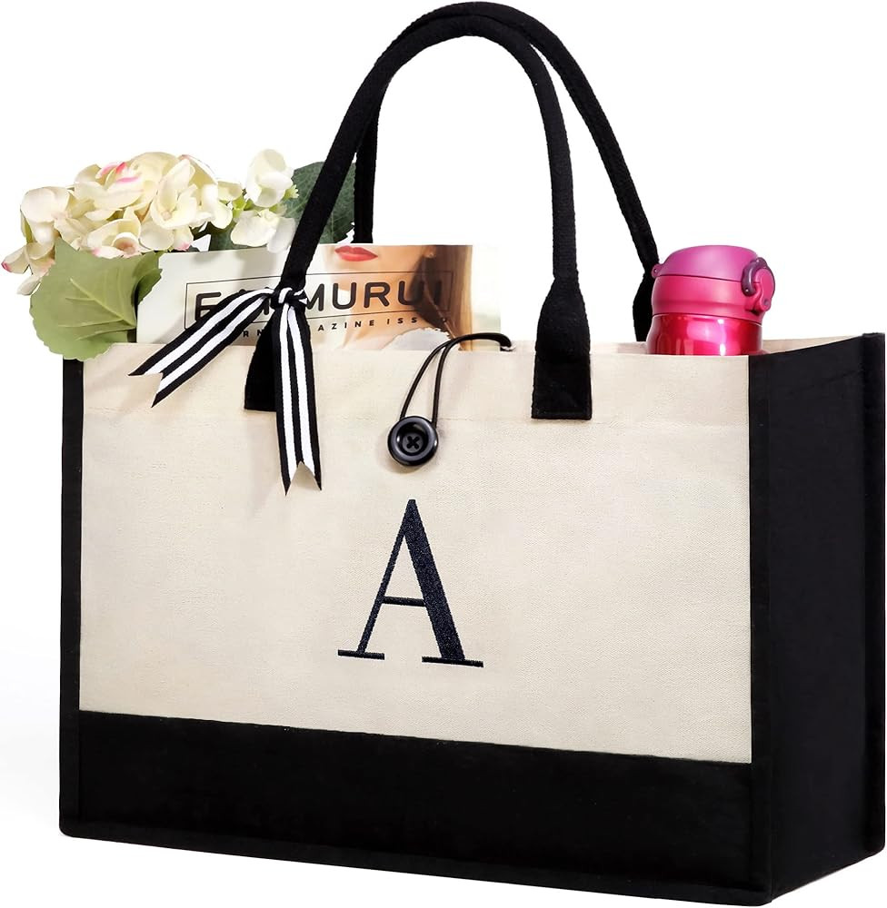 BeeGreen Initial Canvas Tote Bag Personalized Beach Embroidery Monogram 13oz Canvas with Pocket P... | Amazon (US)