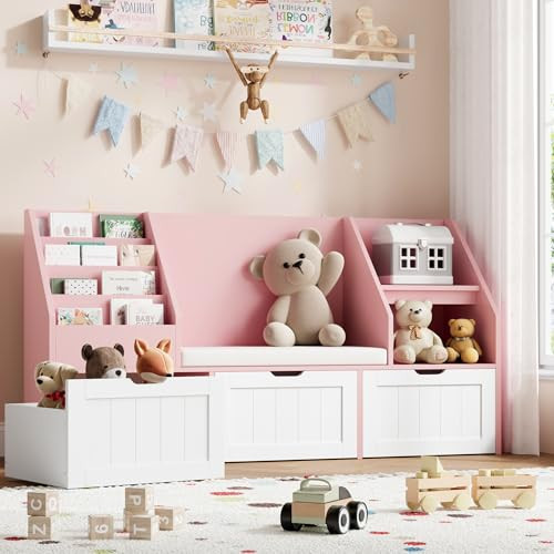 FOTOSOK 55.1’’ Kids Bookshelf with Reading Nook, Toy Storage Organizer with Seat Cushion and 3 Movable Drawers, Kids Reading Nook Toy Organizers and Storage with Bench for Playroom, Bedroom, Pink | Amazon (US)