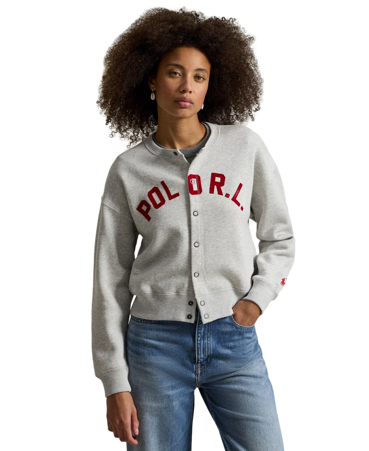 Polo Ralph Lauren Women's Crewneck Logo Fleece Cardigan Sweater - Light Smoke Heather | Macy's
