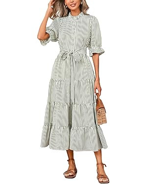 Women's Striped Stand Ruffle Collar Maxi Dress Half Sleeve Button Down Flowy Belted Beach Vacatio... | Amazon (US)