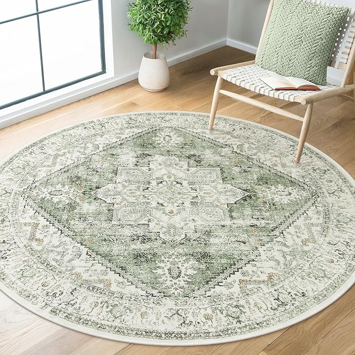 LIVEBOX Medallion Round Area Rug 5ft, Vintage Washable Sage Green Circle Rug for Bedroom, Low-Pil... | Amazon (US)