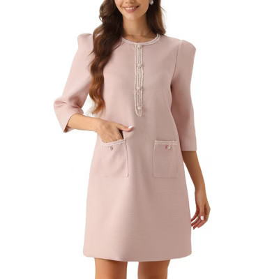 INSPIRE CHIC Women's Tweed 3/4 Sleeve Crew Neck A-Line Loose Formal Work Dress Pink Small | Target