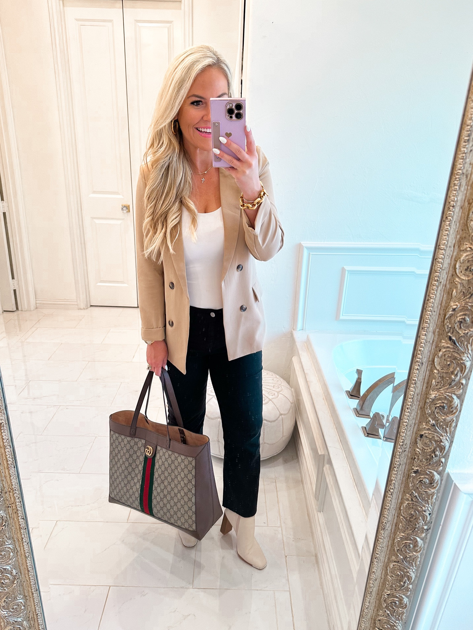 Wearing. A small blazer 
Jeans fit tts 
Boots fit tts 

#LTKworkwear #LTKshoecrush #LTKunder50