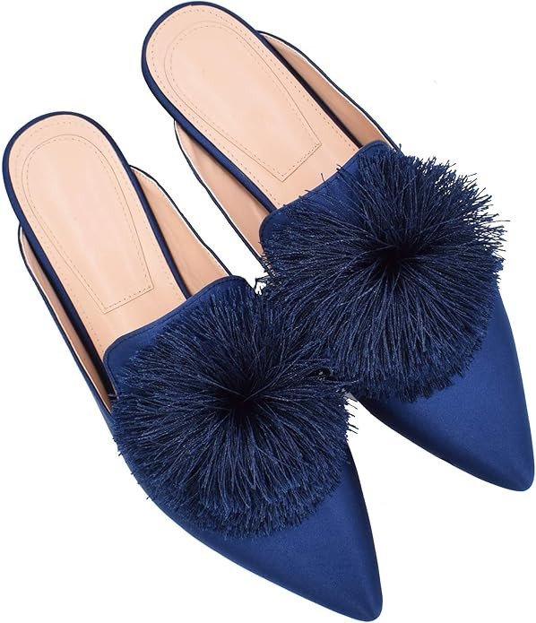 Fericzot Slip On Mule Backless Loafers Flats Puff PomPom Pointed Toe Casual Shoes Slippers | Amazon (US)