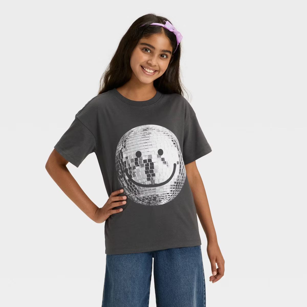 Girls' Short Sleeve Oversized Graphic T-Shirt - Cat & Jack™ Charcoal Gray | Target