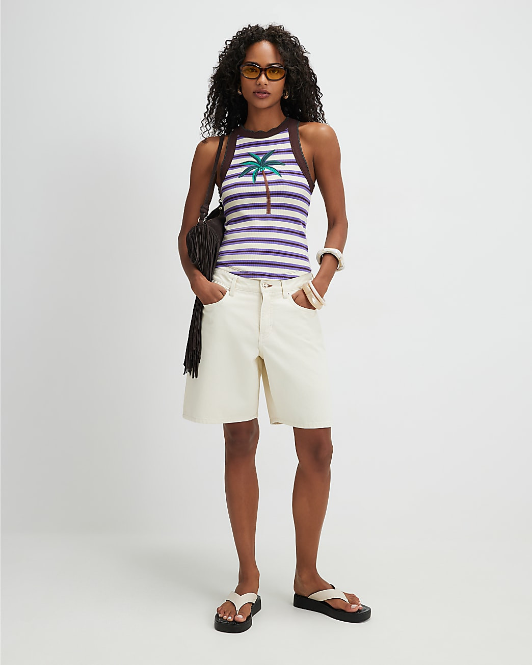Brown Cotton Blend Stripe Palm Tree Tank Top | River Island UK & IE
