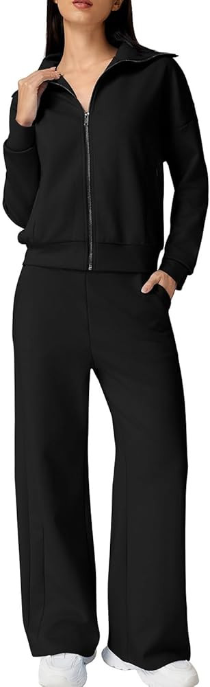 QINSEN Women's Cotton 2 Piece Outfits Lapel Long Sleeve Zip Up Sweatshirt Wide Leg Pants Matching... | Amazon (US)