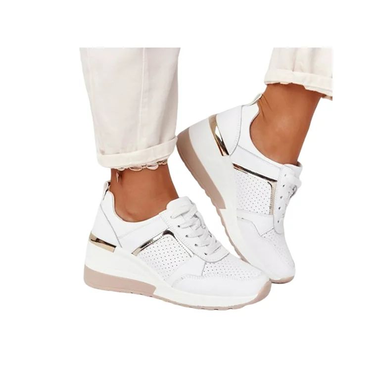 Gomelly Womens Hidden Wedge Sneakers High Heeld Lace Up Fashion Lightweight Walking Shoes 8 White | Walmart (US)