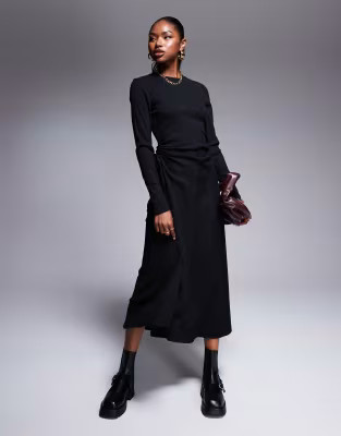 ASOS DESIGN ruched tie side rib midi dress in black | ASOS (Global)