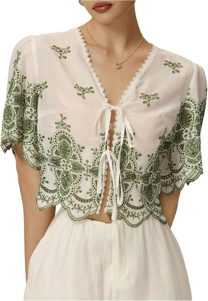 SOLY HUX Women's Hollow Tie Front Crop Tops Ruffle Short Sleeve V Neck Summer Blouse Shirts | Amazon (US)