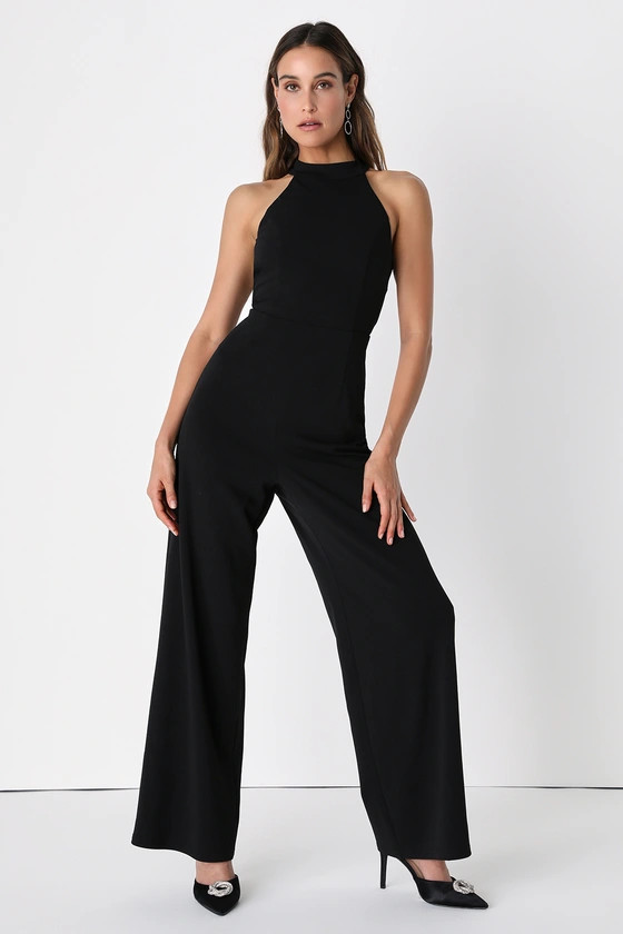 Stylish Desires Black Halter Neck Cutout Wide-Leg Jumpsuit | Lulus (US)
