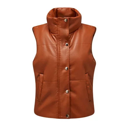 Wyongtao Leather Vest Women s Jacket Pocket Vest Coat Short Jacket Winter Sleeveless Faux Leather Co | Walmart (US)