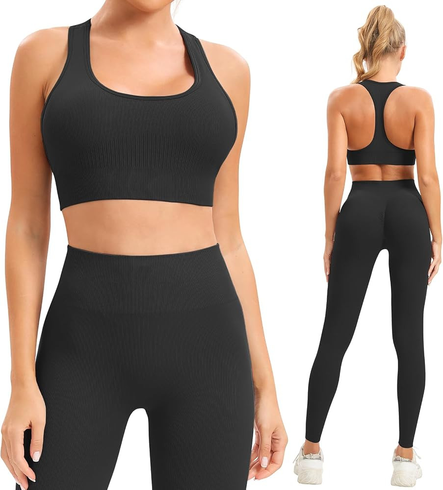 Women Workout Sets 2 Piece Long Legging Matching Gym Yoga Pilates Outlifs (S65L-Black) | Amazon (US)