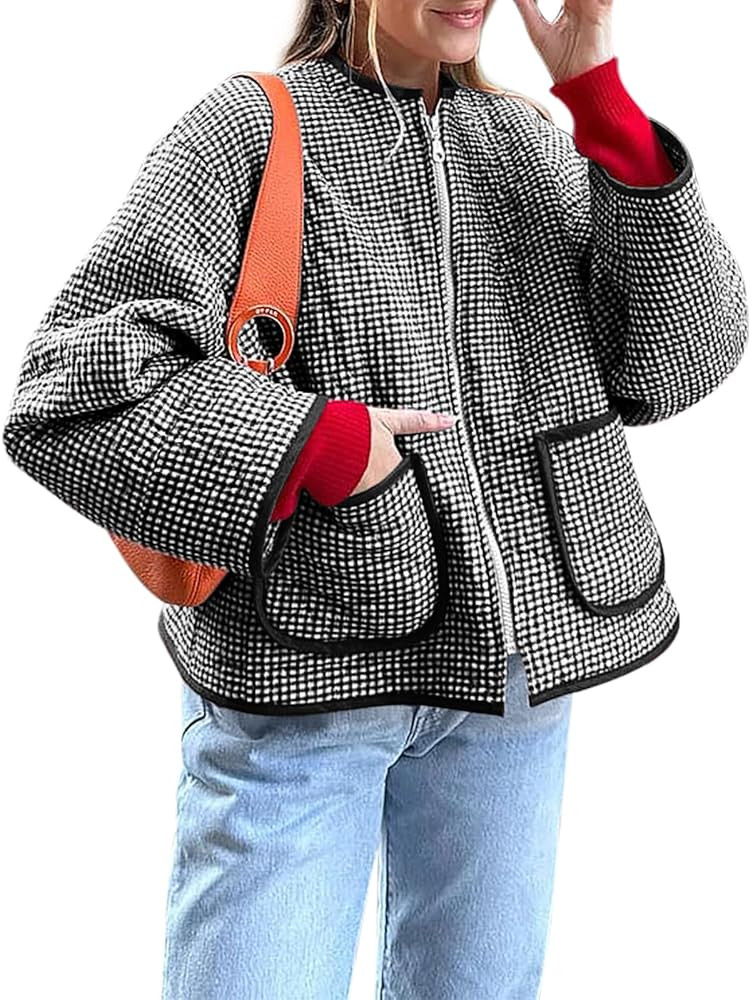 Yousify Womens Jackets Fall Fashion 2025 Crew Neck Quilted Plaid Jacket Full Zipper Coats S-2XL | Amazon (US)