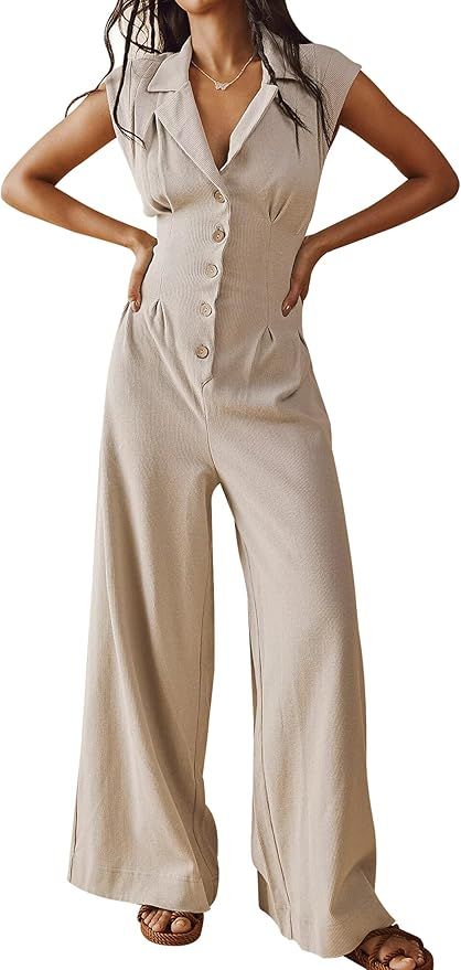 Ugerlov Women's Button Up Collared V Neck Cap Sleeve Jumpsuits Casual Summer Loose Wide Leg Rompe... | Amazon (US)