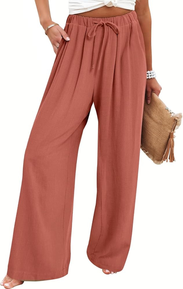 Bloggerlove Womens Linen Palazzo Pants Summer Casual Boho Wide Leg High Waist Lounge Beach Trouse... | Amazon (US)