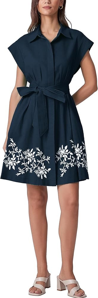 D-Sun Women Embroidery Shirt Dress Button Down Cotton Linen Short Sleeves Collared Belted Pleated... | Amazon (US)