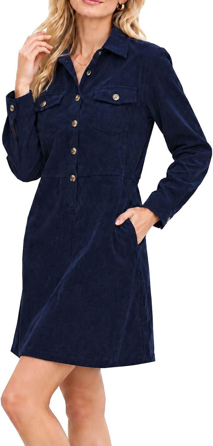 YEXPINE Women's Corduroy Shift Dress Long Sleeve Button Down Mini Dress | Amazon (US)