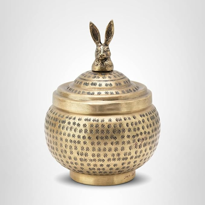Round Hammered Metal Container with Rabbit Finial, Brass Finish | Amazon (US)