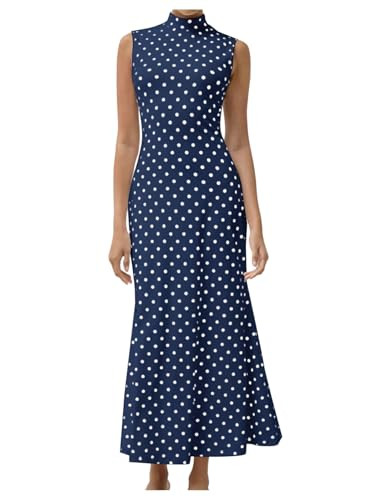 Milumia Women's Polka Dots Maxi Tank Dress Vintage Mock Neck Sleeveless Elegant Long Dresses Blue Large | Amazon (US)