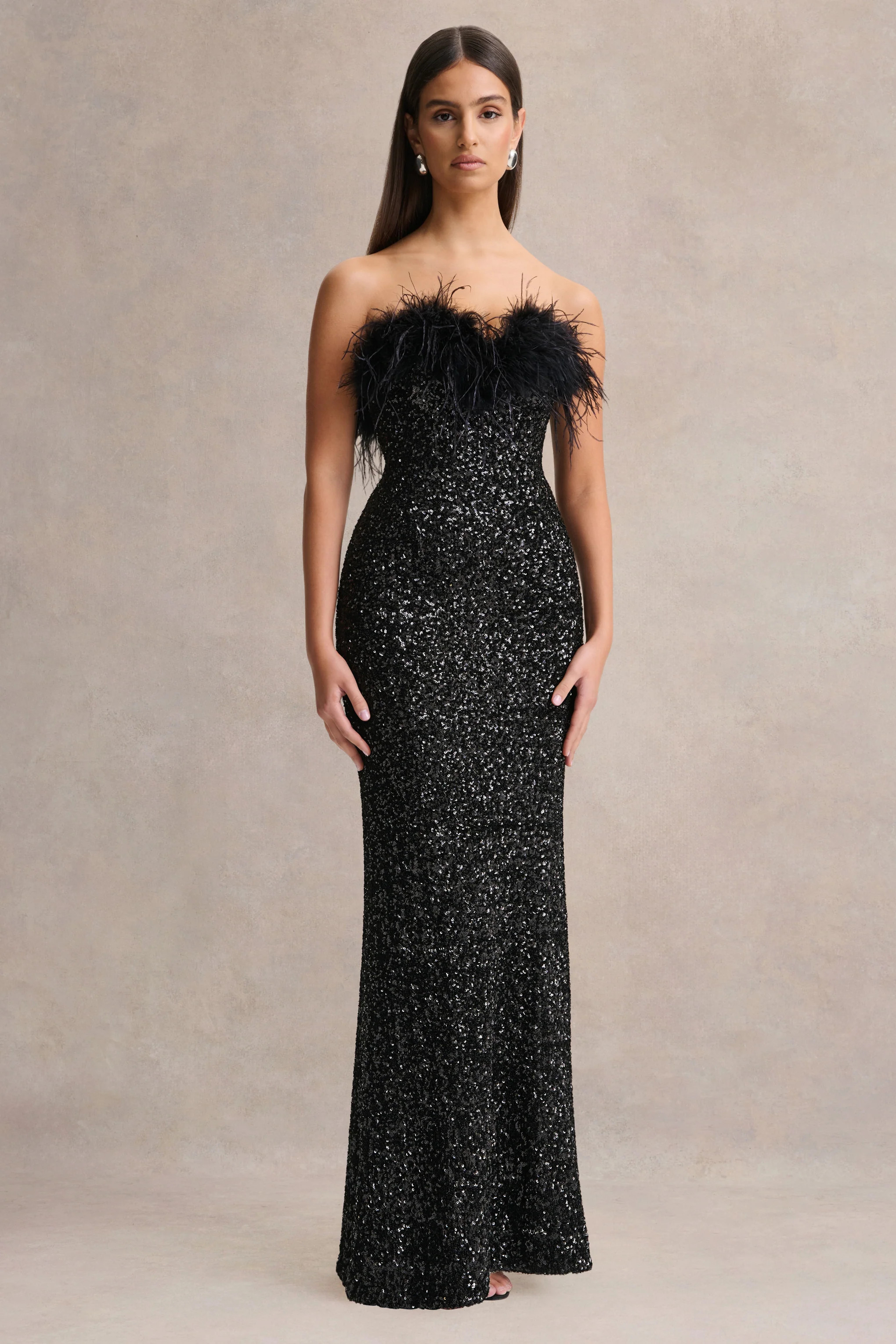 Daze | Black Sequin Bandeau Maxi Dress With Feather-Trim | Club L London