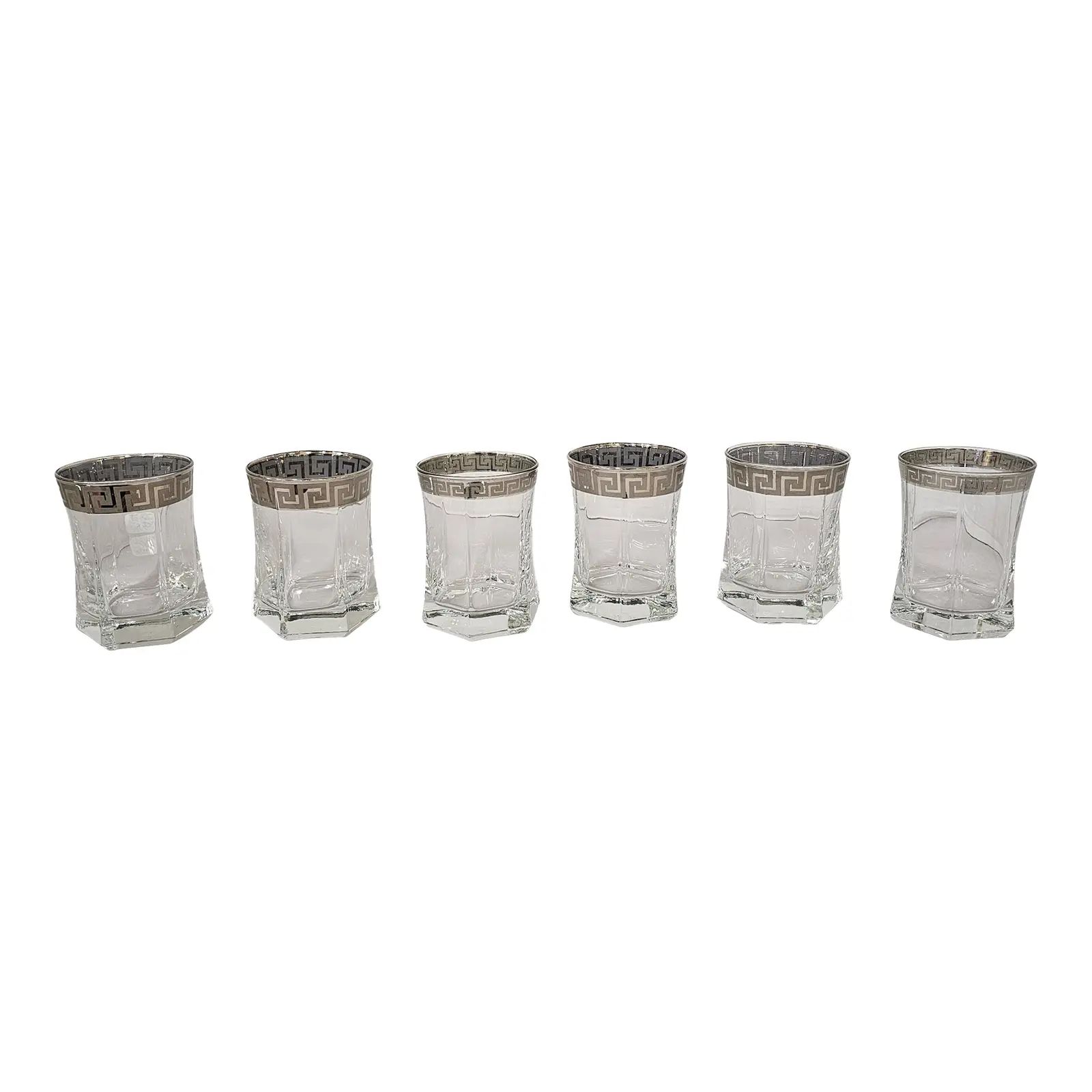70’s Hexagonal Whiskey Glasses With Silver Greek Key Band - Set of 6 | Chairish