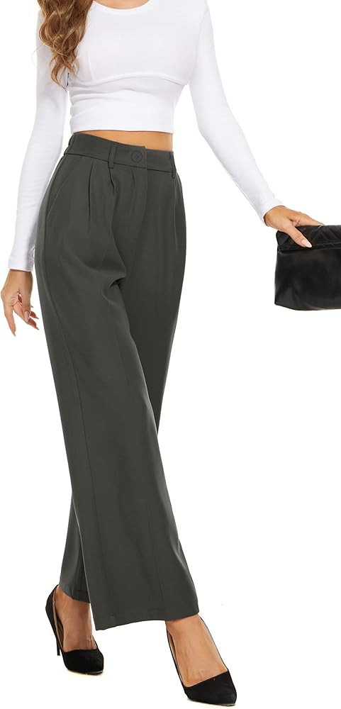 FUNYYZO Wide Leg Pants High Elastic Waisted in The Back Long Straight Suit Pants | Amazon (US)