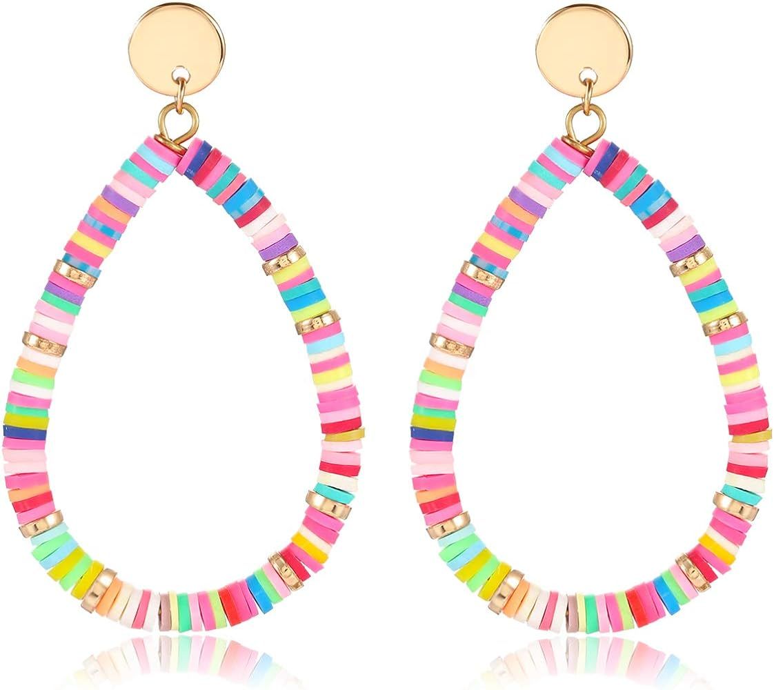 XOCARTIGE Heishi Drop Earrings for Women Rainbow Vinyl Disc Bead Dangle Earrings Lightweight Teardro | Amazon (US)