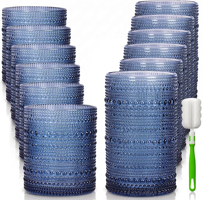 Hobnail Drinking Glasses Set of 12 Kitchen Glass Cups Glassware, Blue | 12 oz Highball Glasses & ... | Amazon (US)