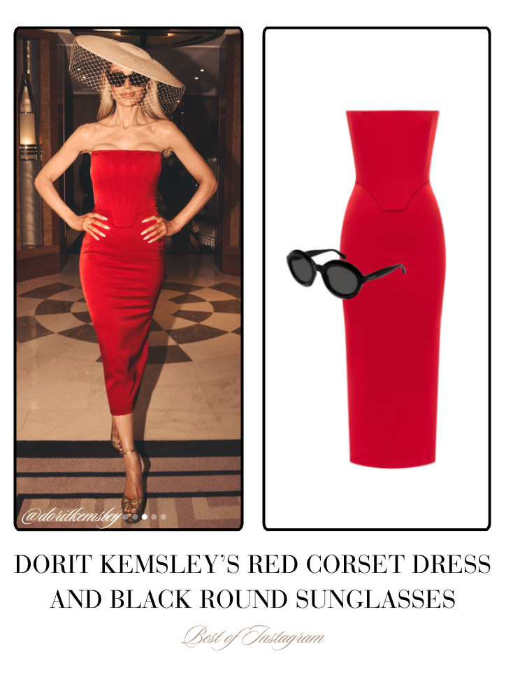 Dorit Kemsley's Red Corset Dress and Black Round Sunglasses 📸= @doritkemsley 

 