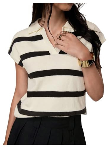 WDIRARA Women's Striped Sweater Vest Cap Sleeve V Neck Collared Pullovers Ribbed Knit Top Apricot and Black Small | Amazon (US)