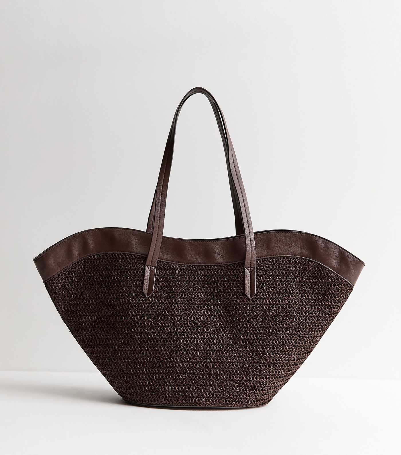 Dark Brown Curved Woven Tote Bag | New Look | New Look (UK)