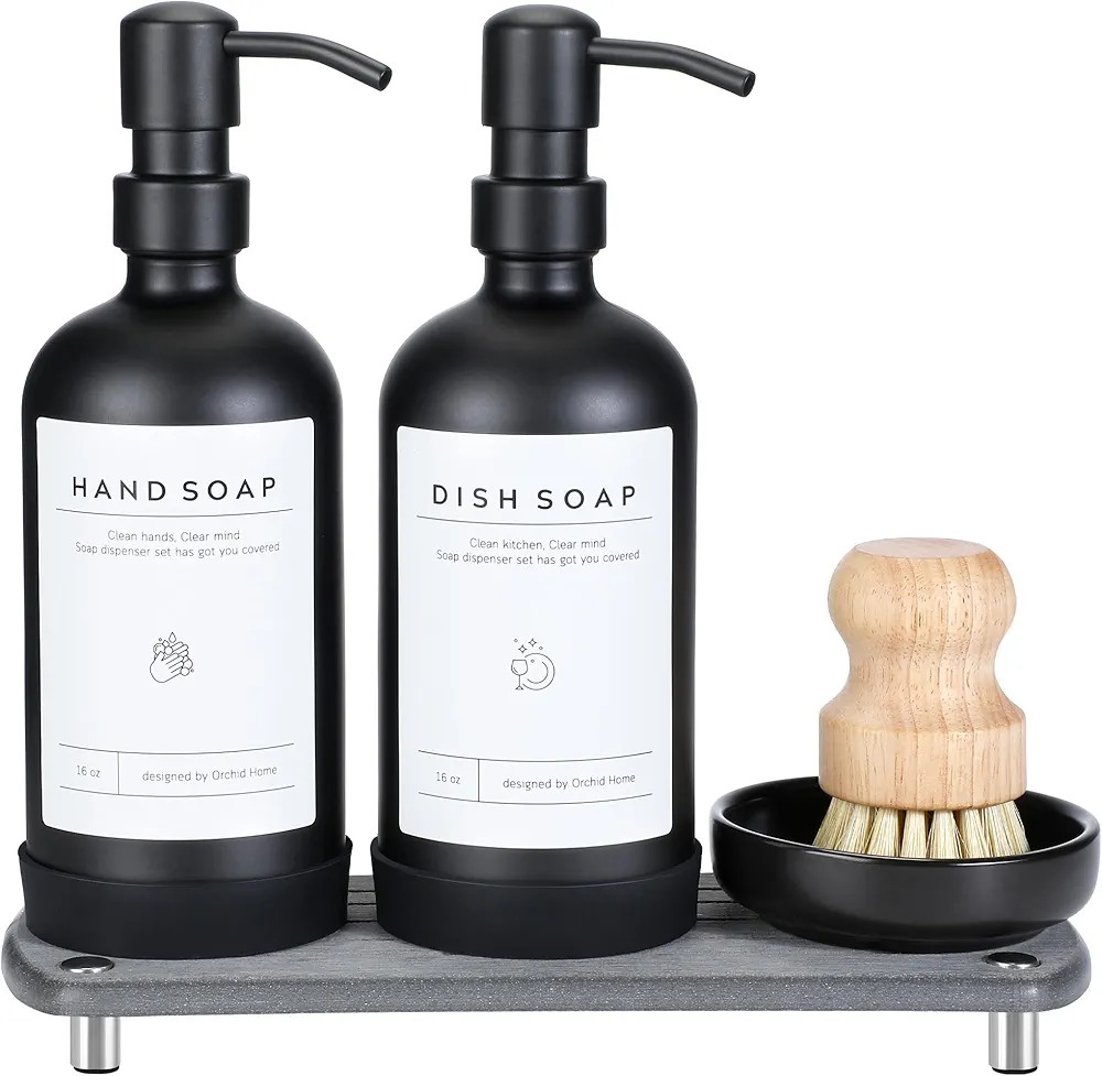 [Luxury] Kitchen Soap Dispenser Set - 16OZ Black Glass Bottle, Stainless Steel Pump, Instant Dry ... | Amazon (US)