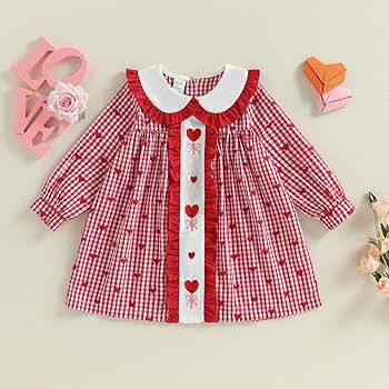 Toddler Girl Valentines Day Dress Heart Plaid Print Long Sleeve Peter Pan Collar Spring Clothes A... | Amazon (US)
