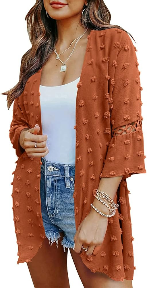 Andeip Womens Cardigan Summer Chiffon Swimsuit Coverup Kimono Open Front 3/4 Sleeve Lightweight B... | Amazon (US)