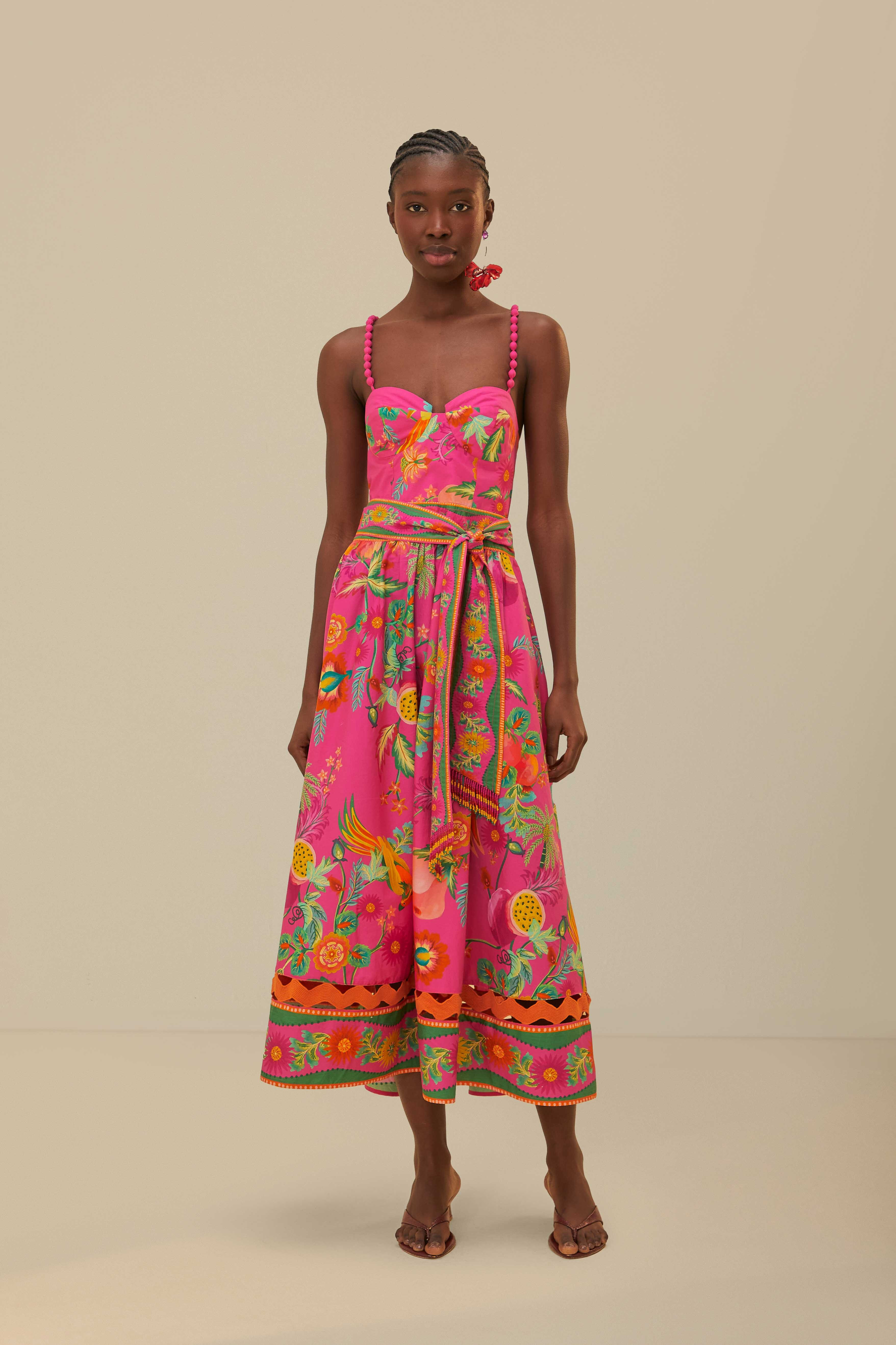 Pink Delicate Fruit Garden Organic Cotton Midi Dress | Farm Rio UK