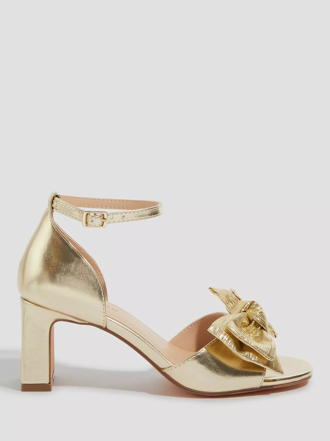 Monsoon Bow Metallic Heeled Sandals, Gold | John Lewis (UK)