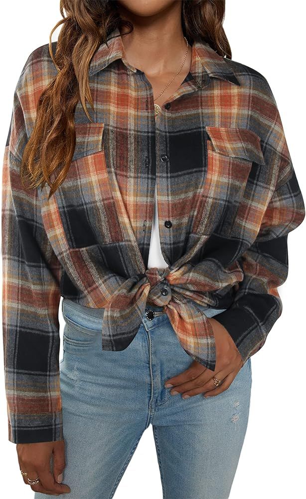 Blooming Jelly Women's Button Down Flannel Shirts Plaid Shacket Long Sleeve Collared Business Cas... | Amazon (US)