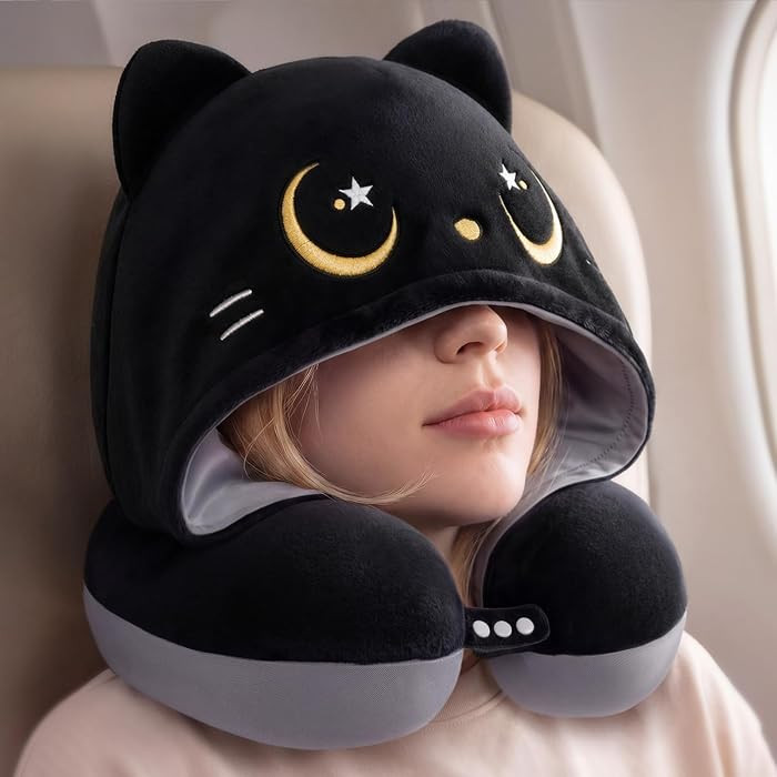 Mewaii Travel Neck Pillow with Hood for Airplanes,Memory Foam,Breathable Ice Silk & Soft Velvet,Double-Sided,Removable to Clean,Adjustable Strap,Portable Travel Pillow for Long Flights Adults & Teens | Amazon (US)