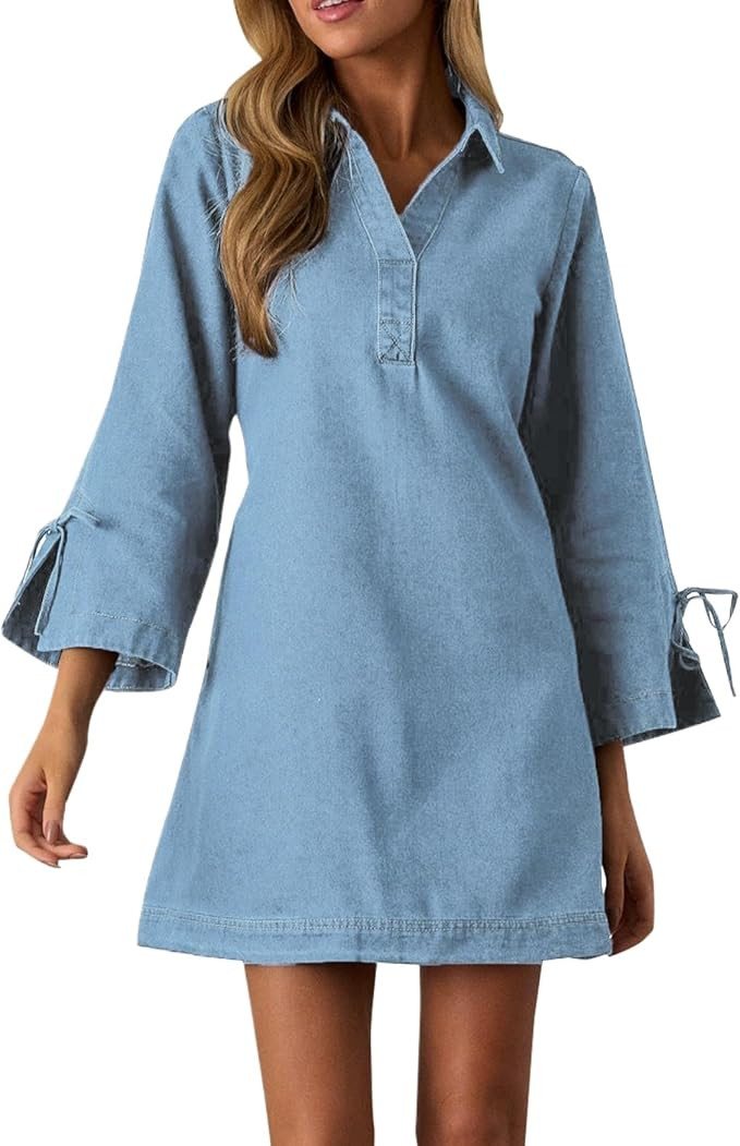 Womens Denim Shirt Dress Collared V Neck Bell Long Sleeve Mini Casual A-line Jean Dresses with Bo... | Amazon (US)