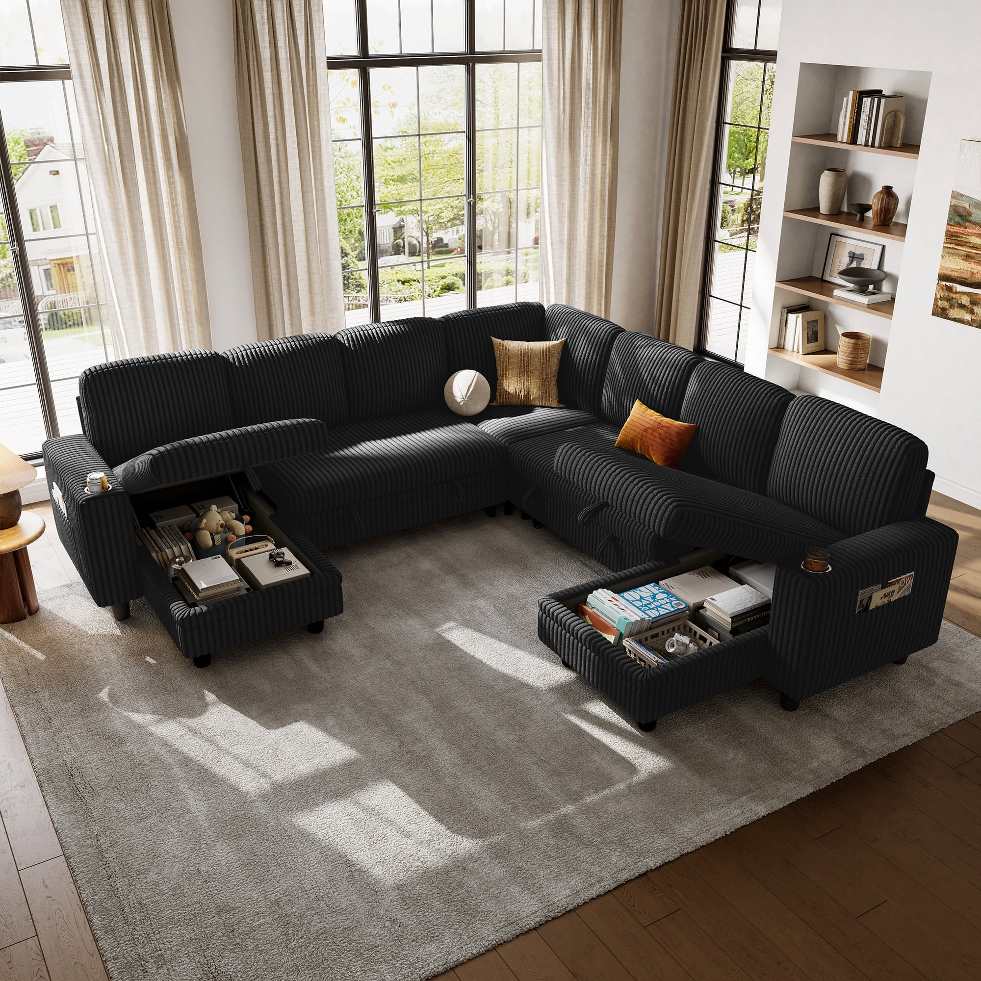 Linsy Home Storage Sectional Sleeper Sofa with Pull Out Bed, 9 Seat Modular Sectional Sofa with w... | Walmart (US)