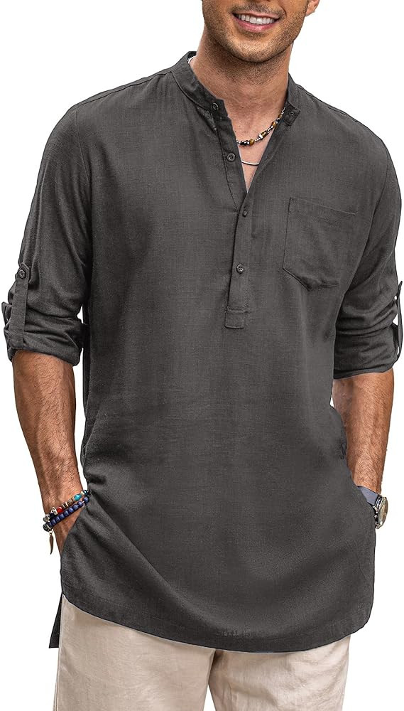 COOFANDY Men's Linen Henley Shirts Long Sleeve Collarless T-Shirts Longline Kurta Beach Shirts wi... | Amazon (US)
