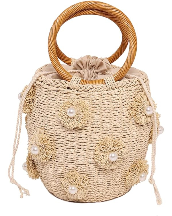 Orgone Bucket Straw Handbag, Handmade Tote Bag with Pearl Flower, Beach Woven Bag Rattan Basket P... | Amazon (US)