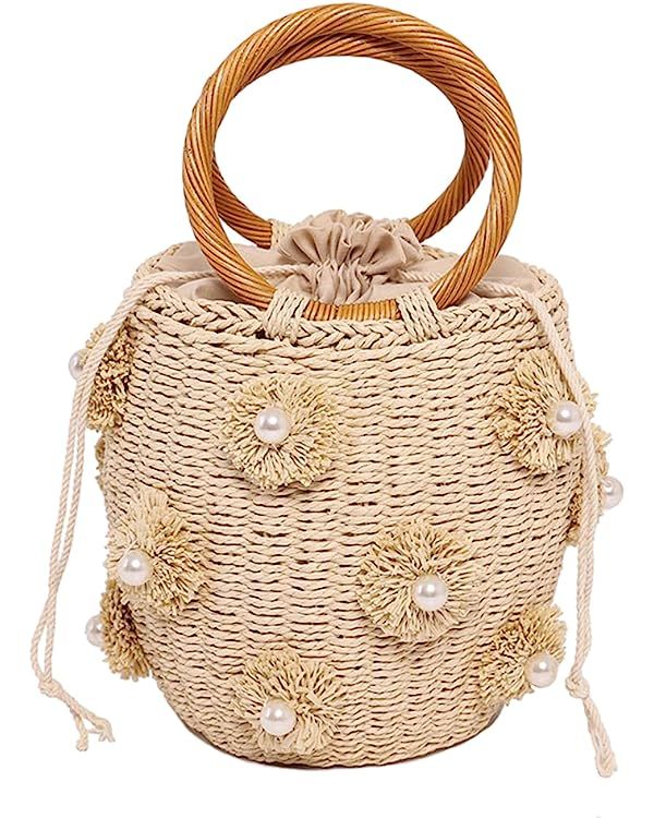 Orgone Bucket Straw Handbag, Handmade Tote Bag with Pearl Flower, Beach Woven Bag Rattan Basket P... | Amazon (US)