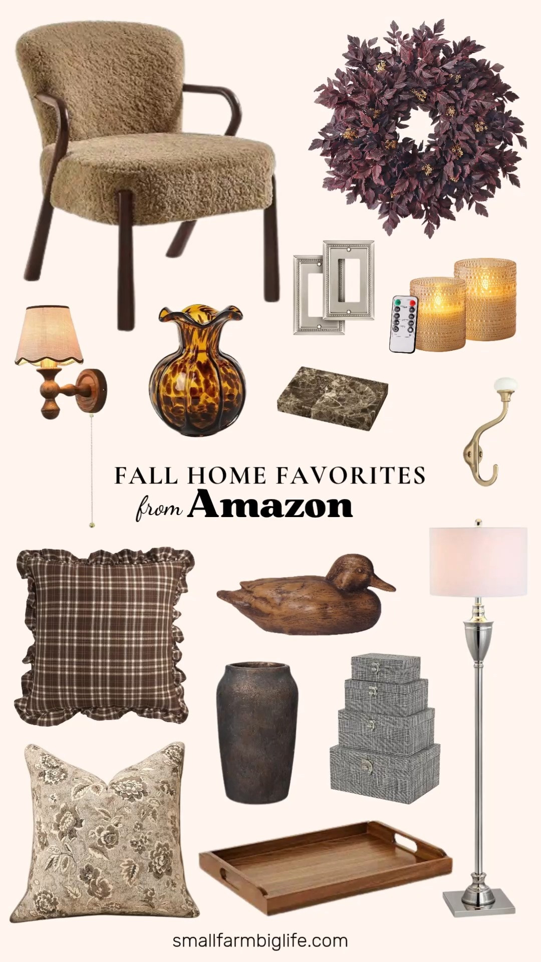 These fall home favorites from Amazon have such a warm, cozy feel perfect for fall decor.

The brown Wooden Texture Duck Statue and the Briful Rustic Vintage Ceramic Vase both bring such a natural, boho touch to a shelf or entryway, and the Two's Company Ruffled Tortoise Print Vase adds a fun, textured detail. For a seasonal accent, the dark purple Artificial Cimicifuga Fall Wreath is such a striking statement for a front door or window.

The brown vctops Plaid Ruffle Throw Pillow Cover and the beige coffee floral Chenille Throw Pillow Cover both have that classic farmhouse feel, perfect for layering on a sofa or bed. The sand Modway Arden Faux Shearling Accent Armchair is such a cozy, mid century modern statement piece for any living room.

For lighting, the walnut wood Nordic Wall Sconce and the JONATHAN Y Othello Metal Floor Lamp both add a warm, ambient glow, and the Gold Dotted Flameless LED Pillar Candles are a great flicker free option for a mantel or table.

Rounding things out, the champagne brass TUNNY Coat Hooks, the emperador dark Marble Soap Dish, the Sunken Pearls Wall Plate Covers, the black and white plaid Fabric Storage Boxes, and the Amazon Basics Wooden Serving Tray are all easy ways to add a little extra polish to any room this season.

So many great pieces to shop for fall decor, all linked for you.

#amazonfashion #falldecor #homedecor #fallhome #autumndecor 

 #LTKSeasonal #LTKHome