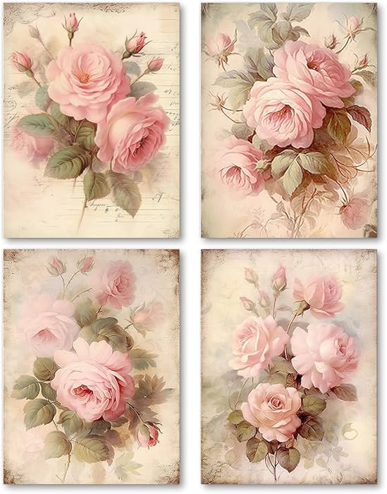 laveliabel Vintage Pink Rose Wall Art Prints Set of 4 Unframed, Floral Wall Decor, Floral Wall Ar... | Amazon (US)