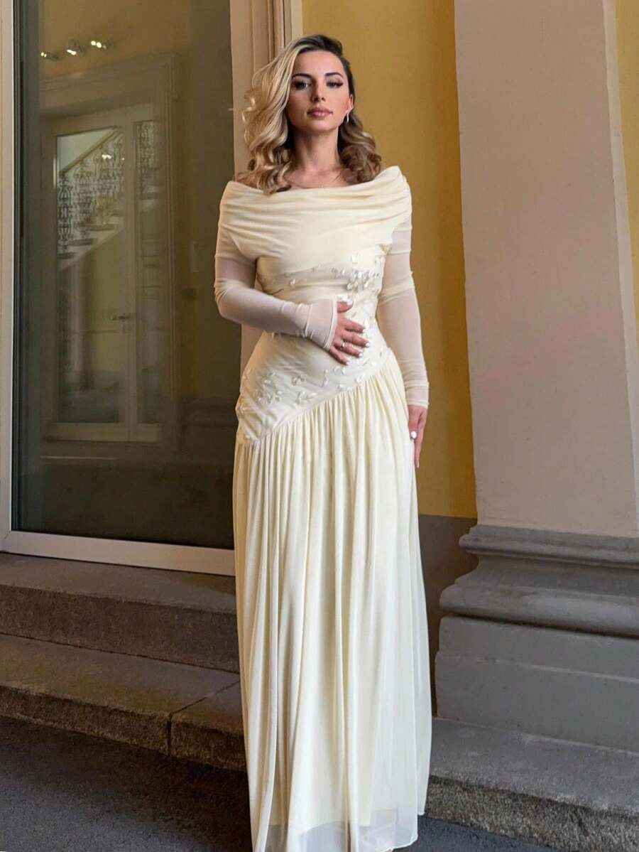 Jeta Ari New Off-Shoulder Long Sleeve Color Block Mesh Embroidered Asymmetric Hem Splice Stretch ... | SHEIN