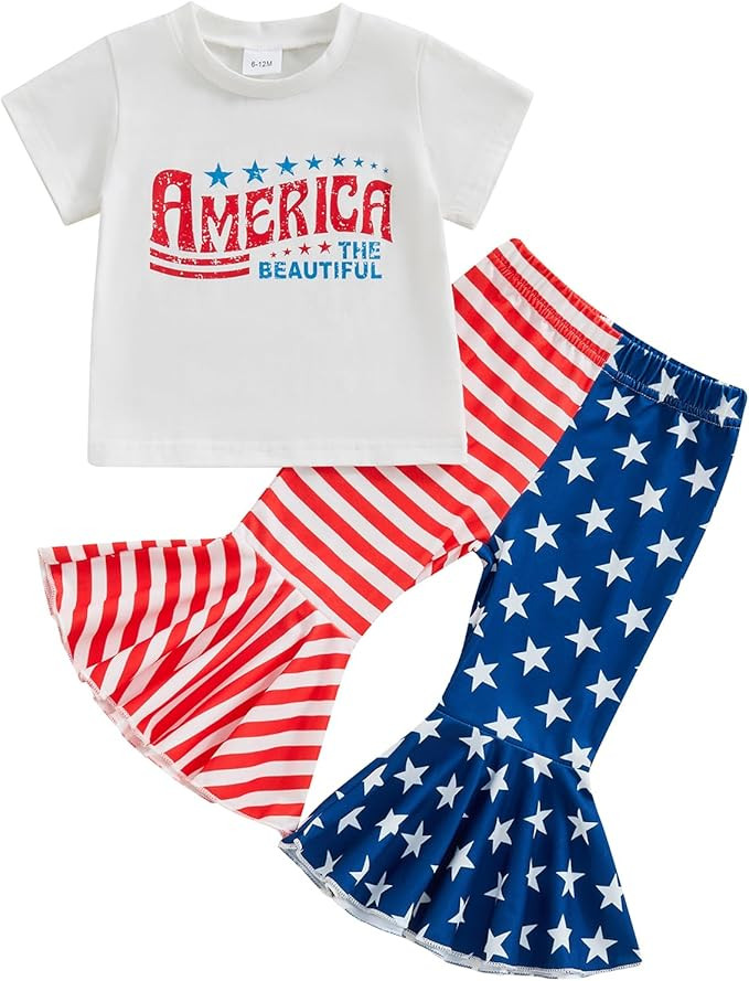 Baby Girl 4th Of July Outfit Toddler T Shirt Bell Bottoms 2 Piece Set Cute Infant Summer Fourth O... | Amazon (US)
