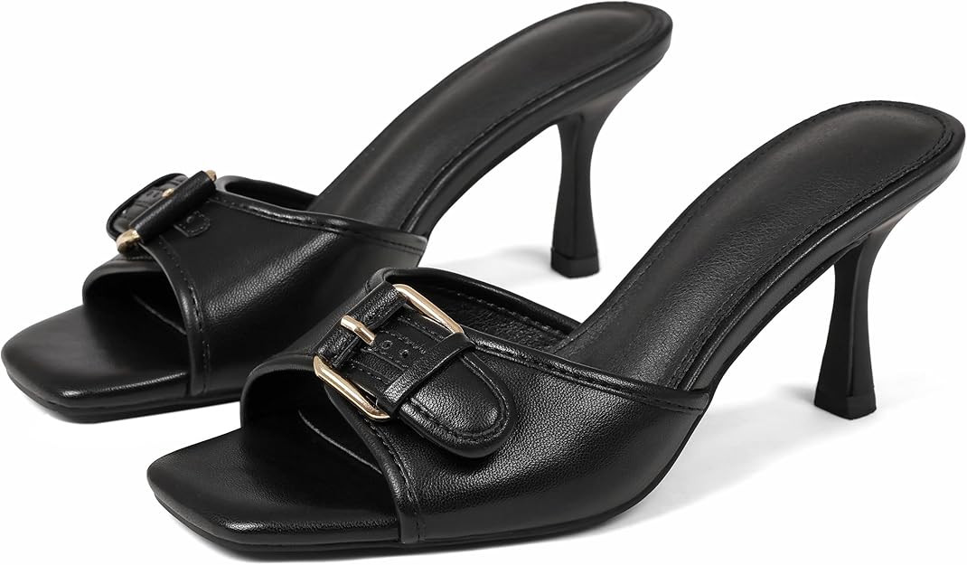 Goiphrri Kitten Heels for Women Heeled Sandals with Buckle Strap Sandal Open Toe Heels Slip On Su... | Amazon (US)